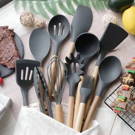 12 Pcs Silicone & Wooden Kitchen Spoon Set