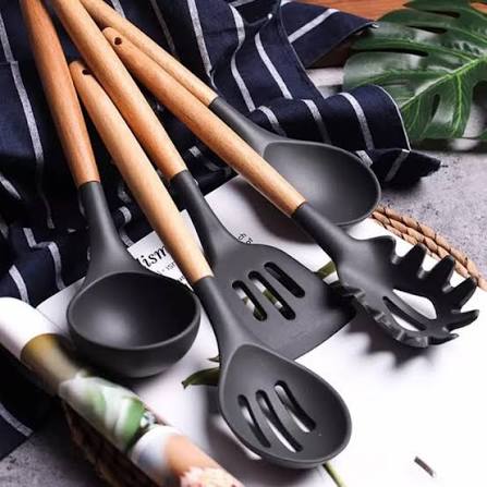 12 Pcs Silicone & Wooden Kitchen Spoon Set