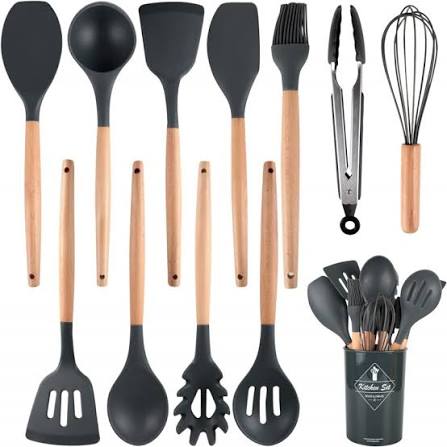 12 Pcs Silicone & Wooden Kitchen Spoon Set