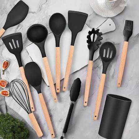 12 Pcs Silicone & Wooden Kitchen Spoon Set