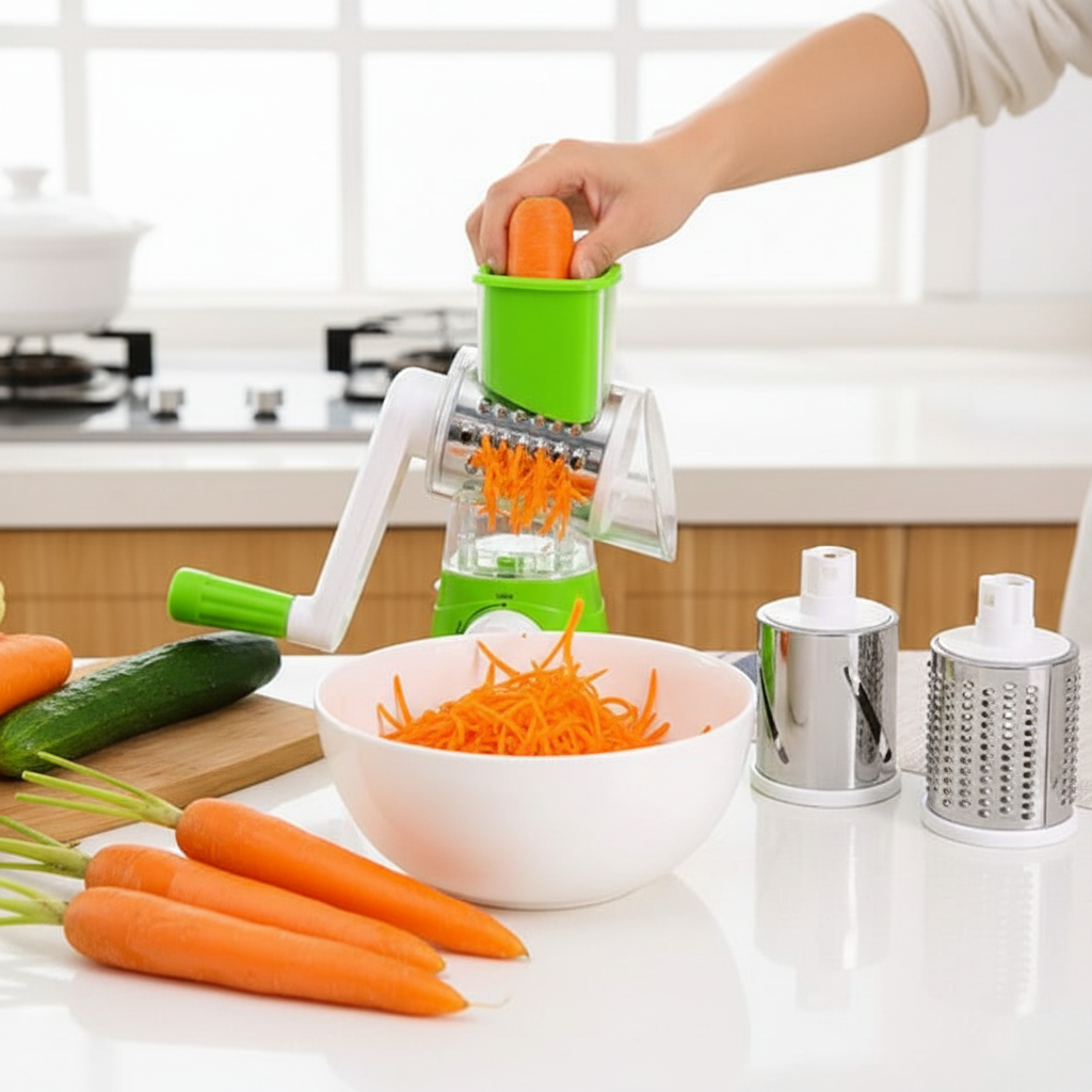 Hand Crank Vegetable Cutter grating carrots in kitchen