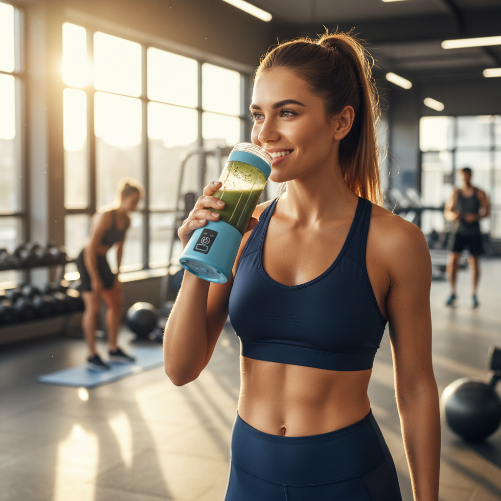 Woman using portable blender at gym after workout