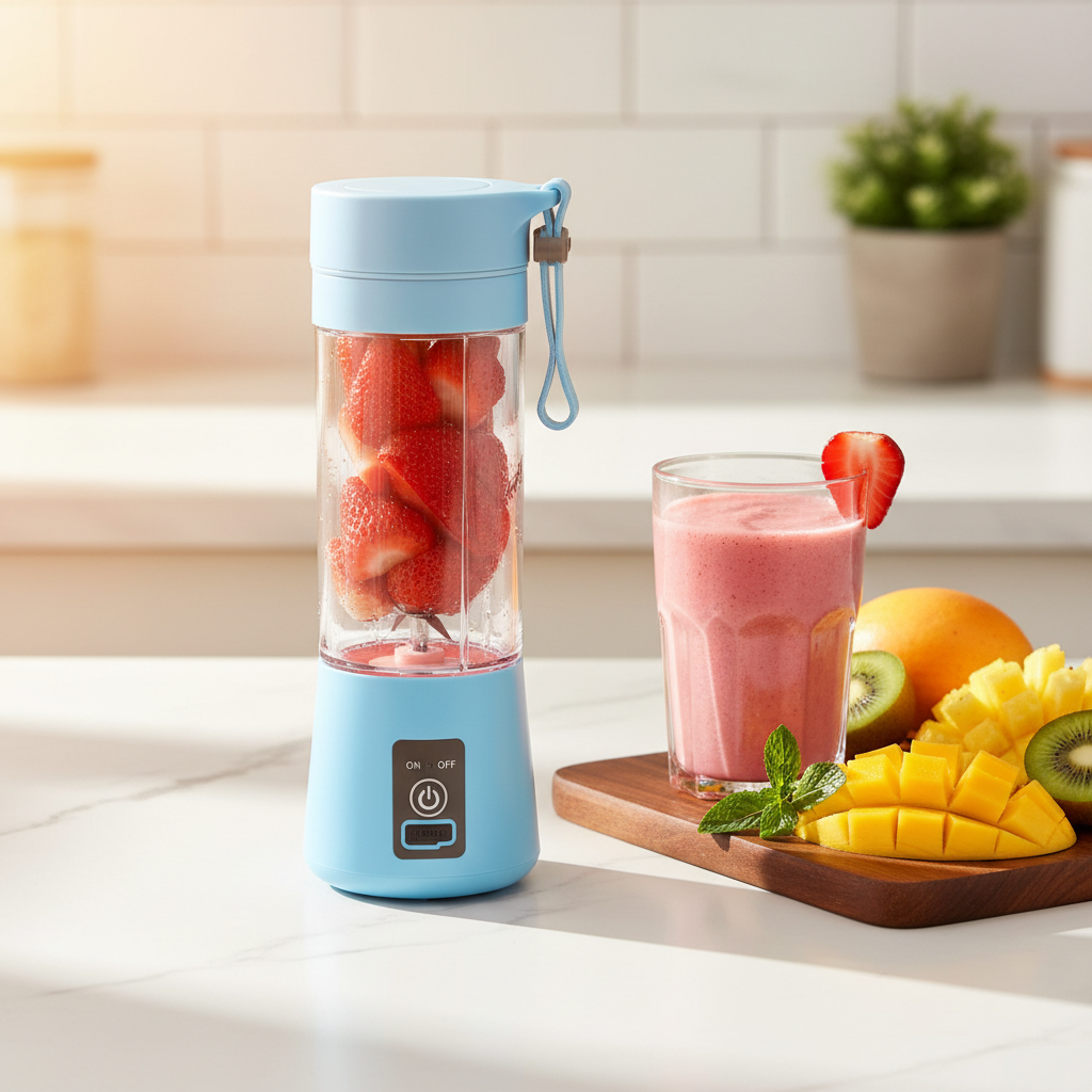 Portable blender with tropical fruits on kitchen countertop