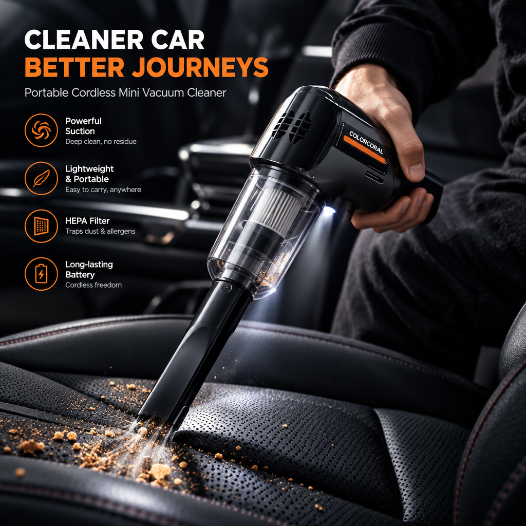 Portable vacuum cleaner being used to clean car interior