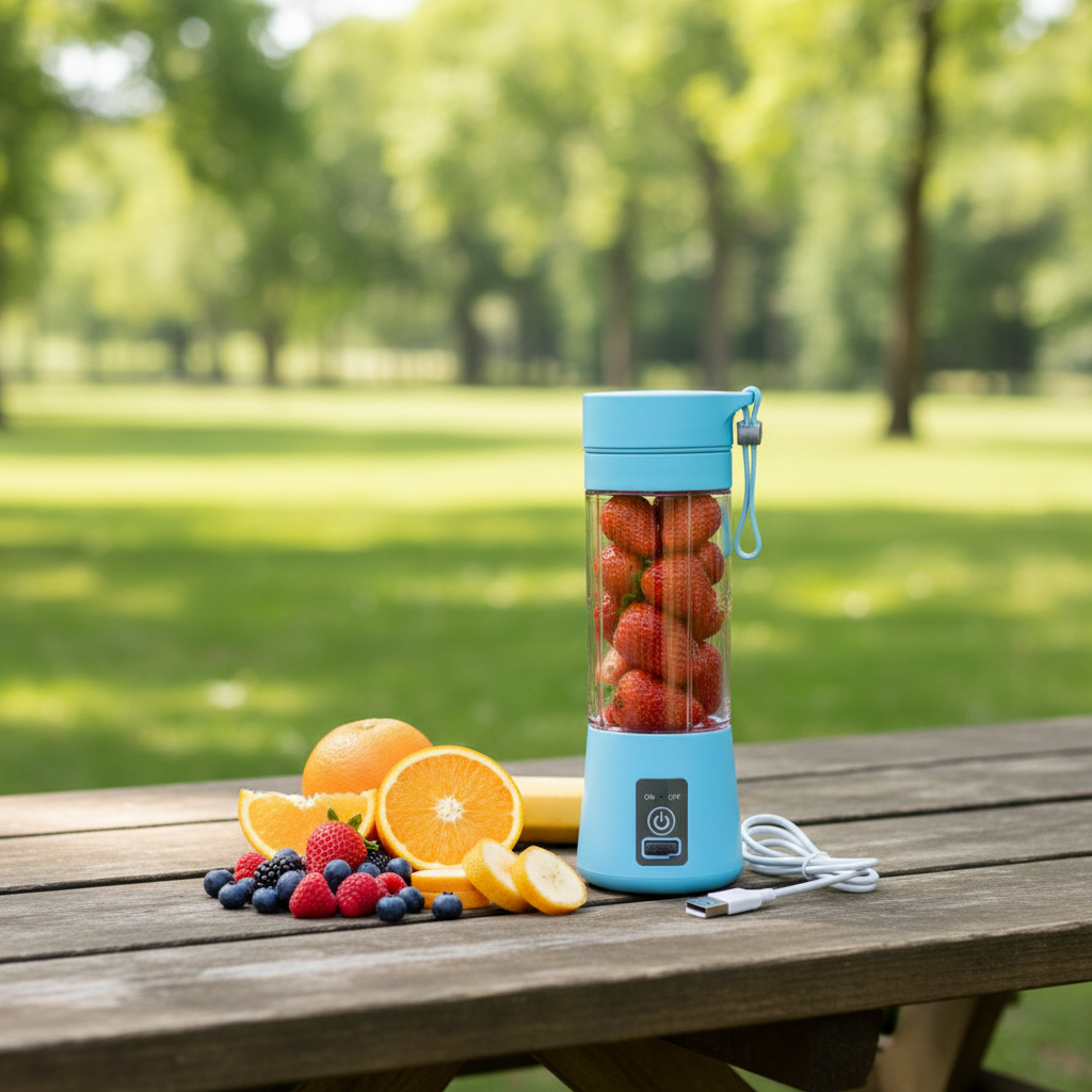Portable blender outdoors on picnic table with fresh fruits