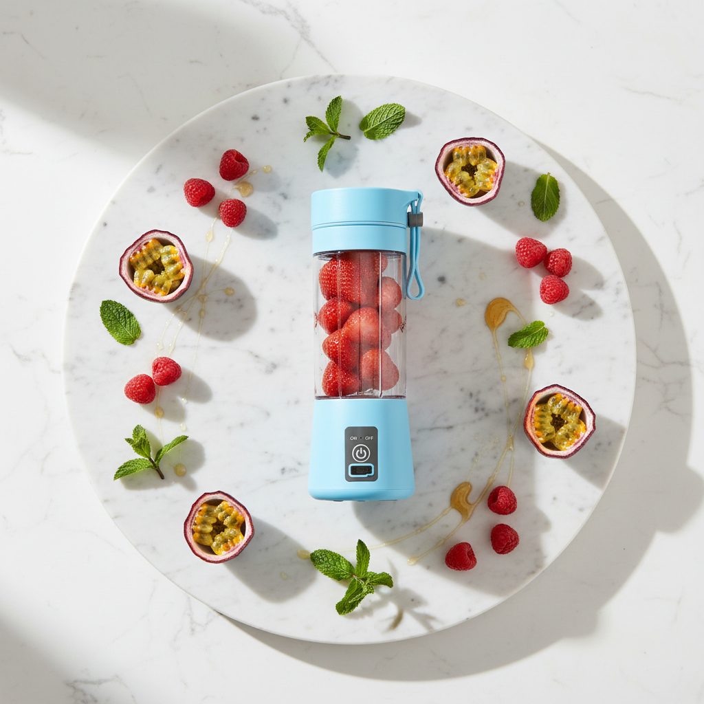 Portable blender marble flat-lay overhead with passion fruits and berries